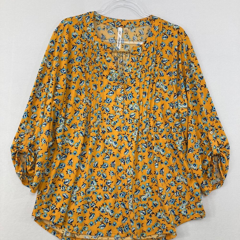 NY Collection XL Yellow Ditsy Floral Pintuck Rolled Sleeve Stretch‎ Popover Top